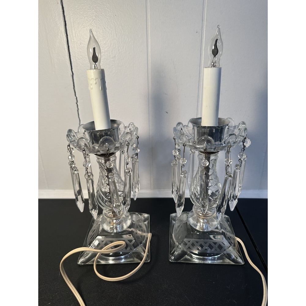 Pair of Large Cut Etched Crystal‎ Hurricane Lustre Mantle Lamps Drop Prisms